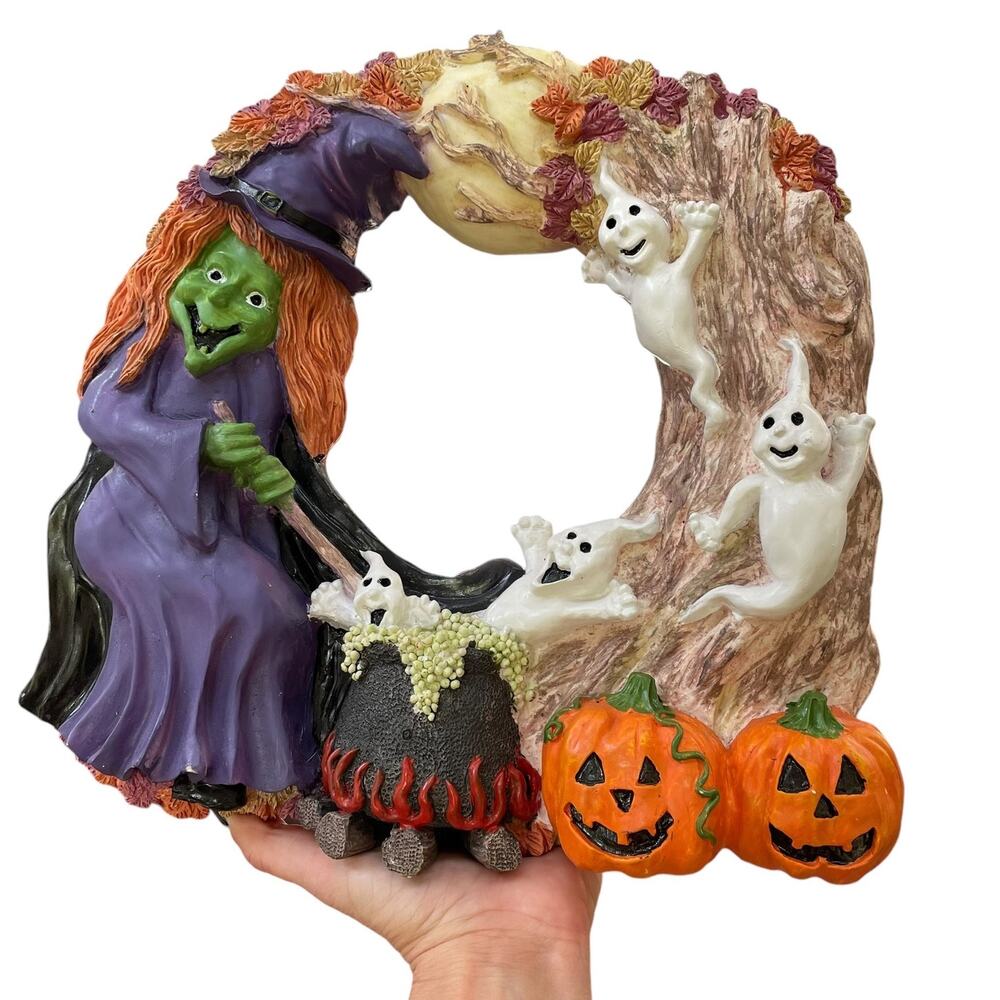 Vintage Halloween Wreath Witch Ghost Pumpkin Cauldron Door Decor Plaster Resin